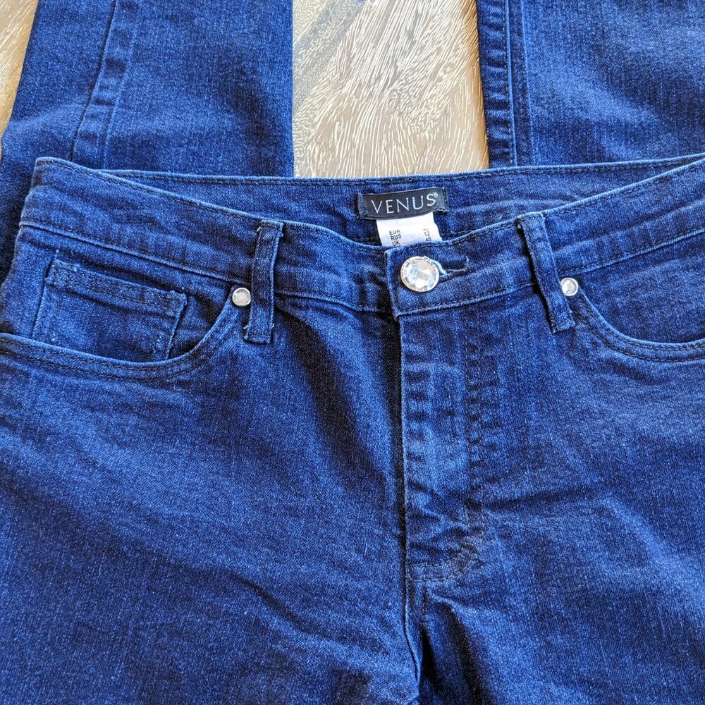 VENUS Dark Wash Denim 5 Pocket Jeans Highlighted with Jewel Tone Accents, Size 6